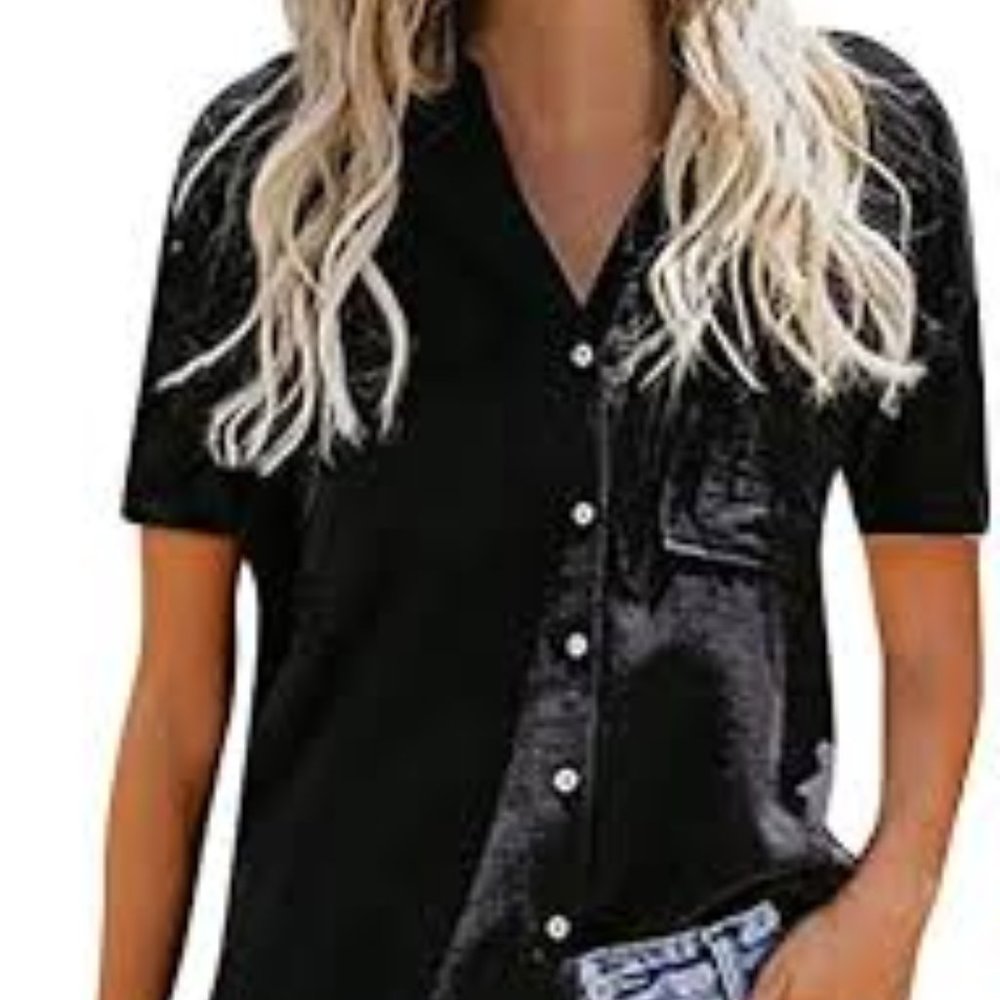 Niitawm Womens V Neck Button Down Short Sleeve Top